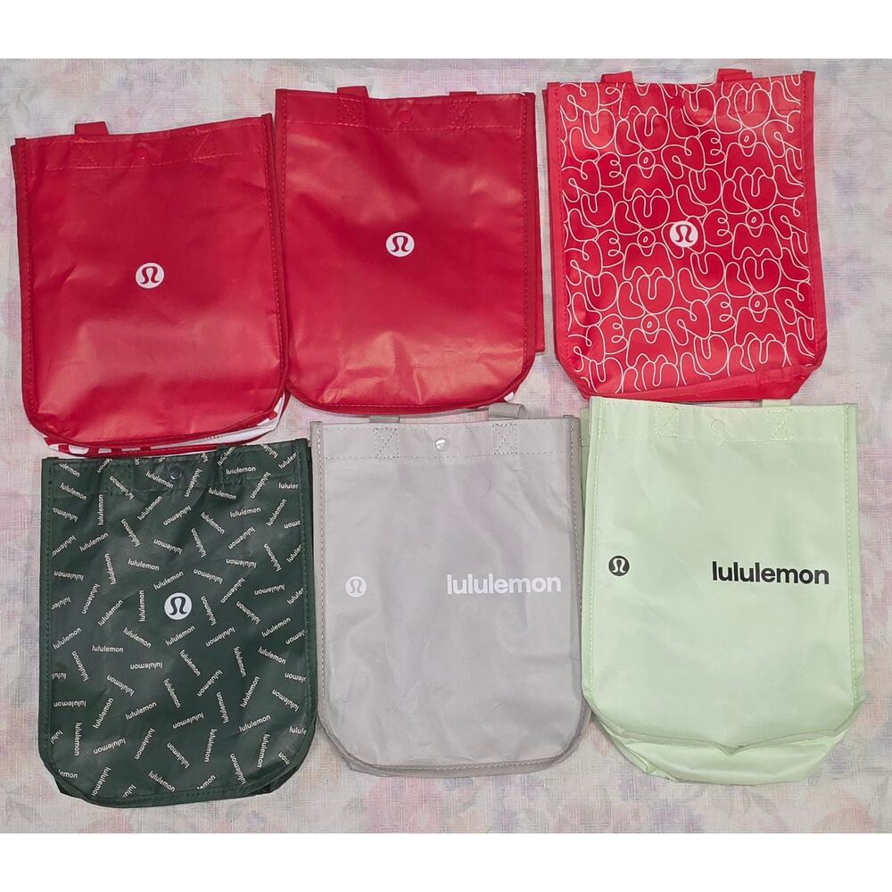 Lululemon Reusable Shopping Tote Bags Set of 6 Small Red Green Logo Gym